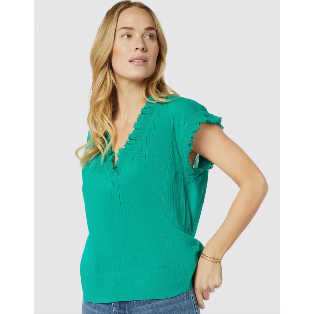Joie Women's Drawley Top V-Neck Blouse SMALL Green Cotton Ruffles Relaxed V-Neck